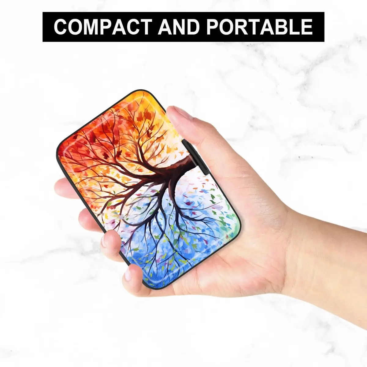 Atufsuat RFID Blocking Aluminum Card Holder for Women, Slim Metal Hard Card Case with 7 Slots, Colorful Trees | Holds up to 14 Cards - view 5