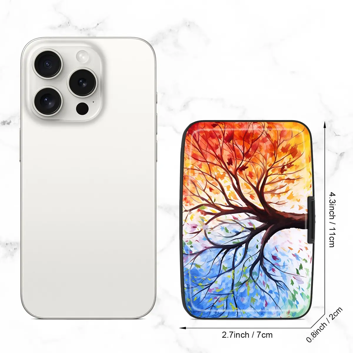 Atufsuat RFID Blocking Aluminum Card Holder for Women, Slim Metal Hard Card Case with 7 Slots, Colorful Trees | Holds up to 14 Cards - view 2