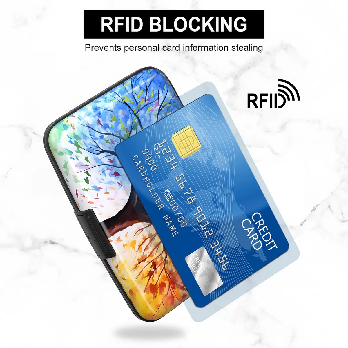 Atufsuat RFID Blocking Aluminum Card Holder for Women, Slim Metal Hard Card Case with 7 Slots, Colorful Trees | Holds up to 14 Cards - view 3
