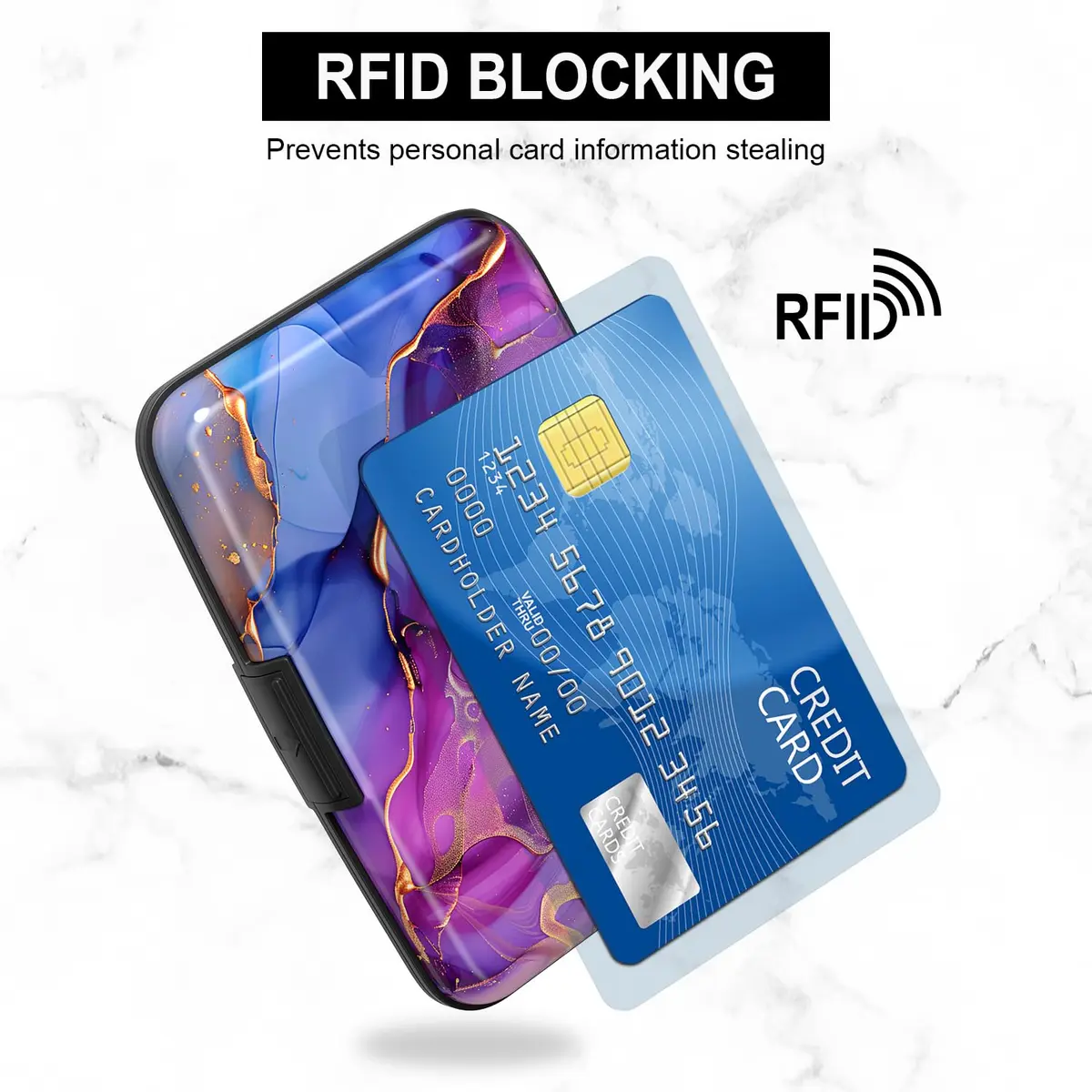 Atufsuat RFID Blocking Card Holder for Women, Aluminum Metal Slim Credit Card Wallet 11cm (4.3in) | Marble Patterns - view 3