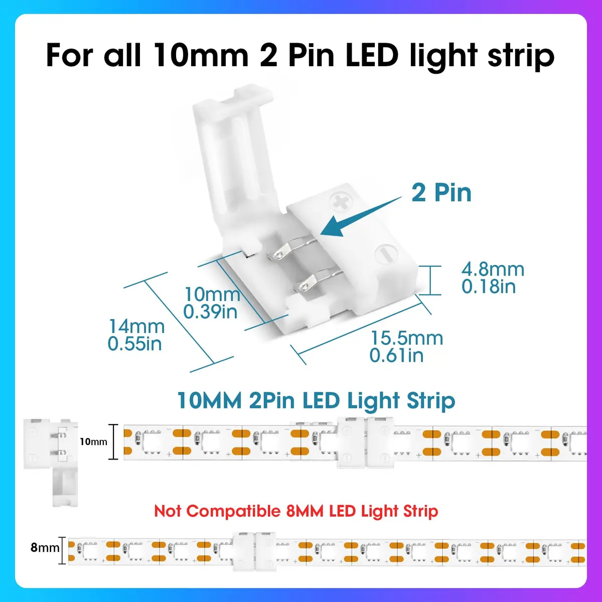 WENHSIN 10mm 2-Pin RGB LED Strip Light Connectors (10-Pack) | Solderless Adapter for 72W Strips - view 3
