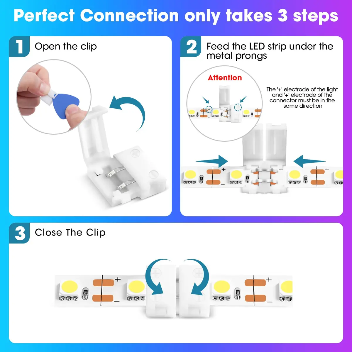WENHSIN 10mm 2-Pin RGB LED Strip Light Connectors (10-Pack) | Solderless Adapter for 72W Strips - view 4