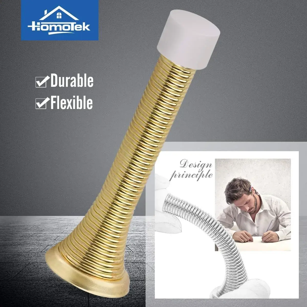HOMOTEK Spring Door Stopper with Rubber Bumper 3-1/8" Flexible Spring Heavy Duty Wall Door Stop (1 Pack, Bright Brass) - view 2