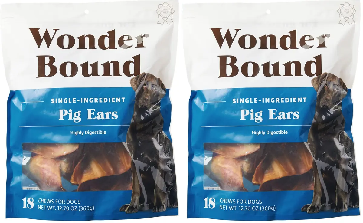 Wonder Bound Whole Pig Ears Dog Treats | Highly Digestible Pork, Dental Support, 18 Count (Pack of 2) - main product image