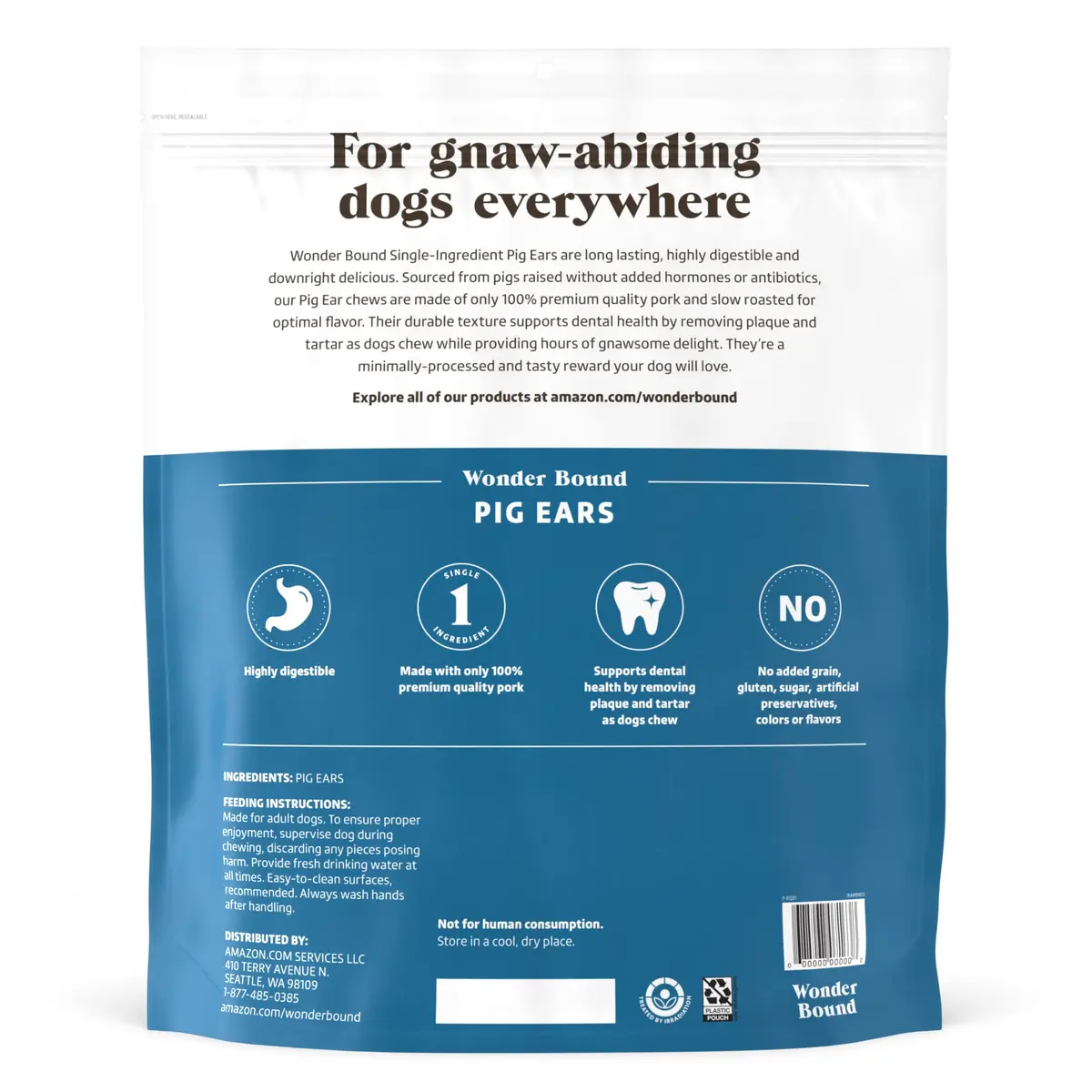 Wonder Bound Whole Pig Ears Dog Treats | Highly Digestible Pork, Dental Support, 18 Count (Pack of 2) - view 2