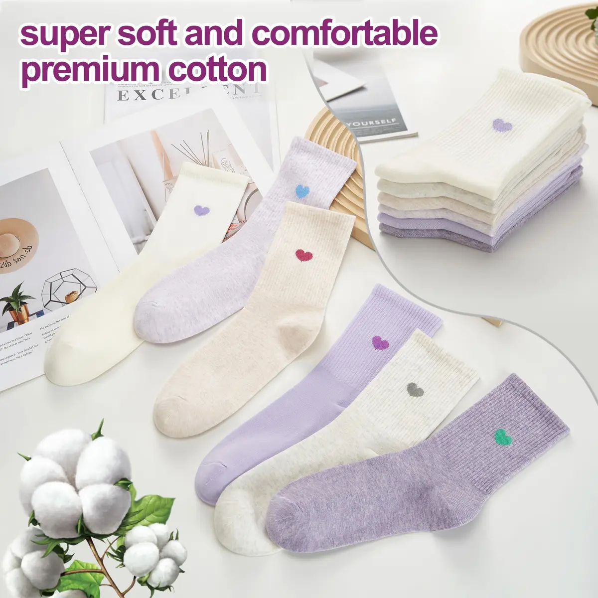 inhees Womens Cotton Crew Calf Socks 6 Pairs | Soft, Breathable & Comfortable Fit (70-120 chars) - view 3
