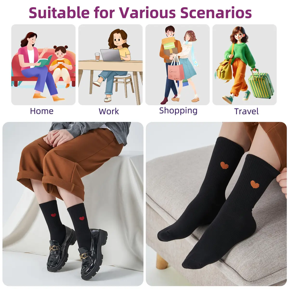 inhees Womens Cotton Crew Calf Socks | Ankle Boot, Heart Design, 6 Pairs, Size 5-9 - view 5