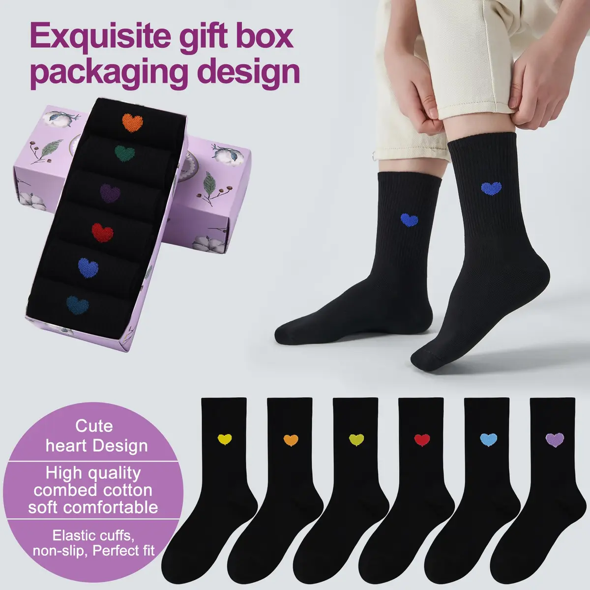 inhees Womens Cotton Crew Calf Socks | Ankle Boot, Heart Design, 6 Pairs, Size 5-9 - view 2