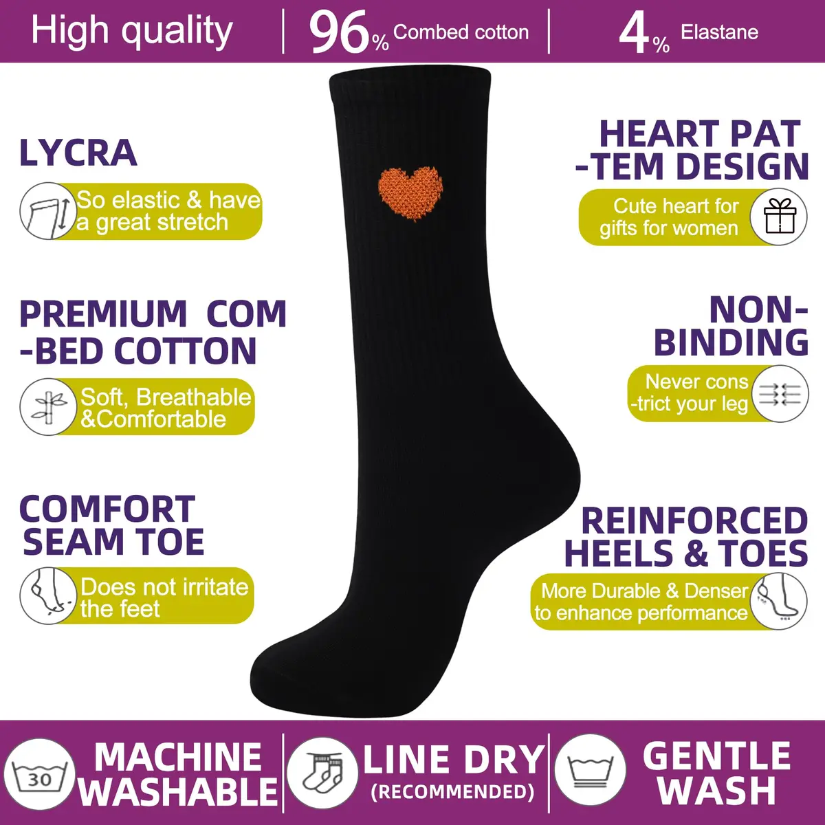 inhees Womens Cotton Crew Calf Socks | Ankle Boot, Heart Design, 6 Pairs, Size 5-9 - view 3