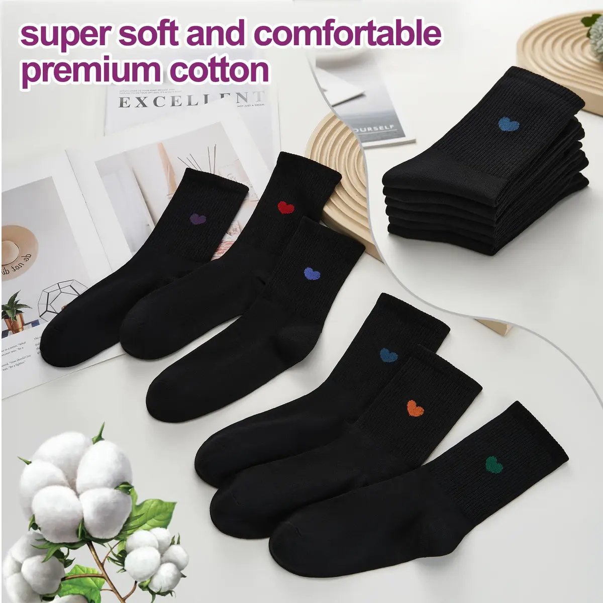 inhees Womens Cotton Crew Calf Socks | Ankle Boot, Heart Design, 6 Pairs, Size 5-9 - view 4