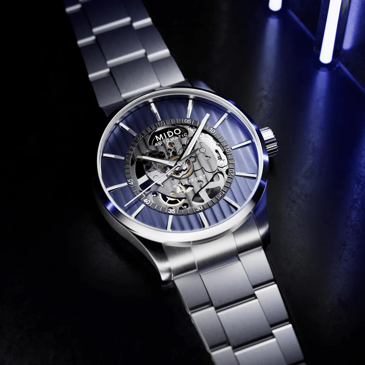 MIDO Multifort Skeleton Vertigo Swiss Automatic Skeleton Watch for Men | See-Through Blue Dial, 42mm Case - view 4