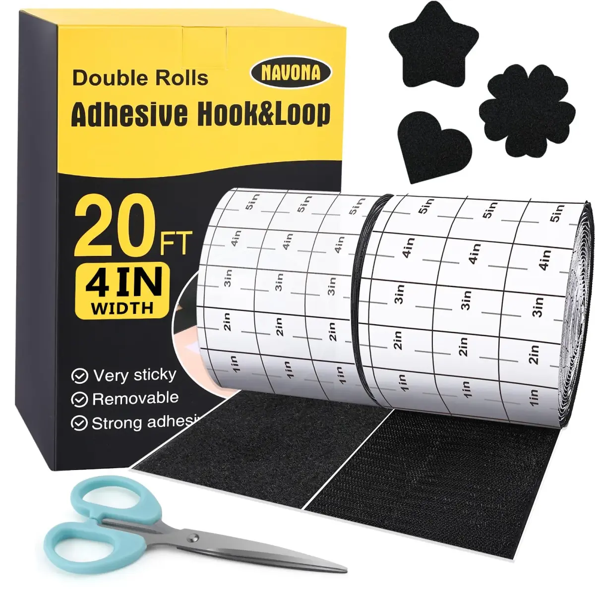 Navona Heavy Duty Hook and Loop Strips with Adhesive, Black, 4 Inch x 40 Feet (80 Ft Total) | Industrial Strength Nylon Fastener - main product image