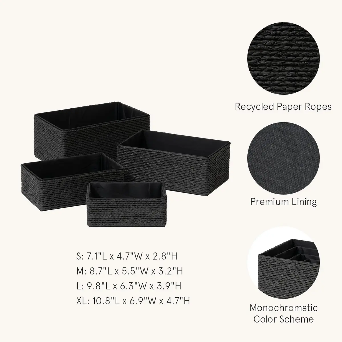 LA JOLIE MUSE Bathroom Basket Organizers, Paper Rope Storage, Black 4 Pack | Modern, Eco-Friendly Bathroom & Home Organization - view 2