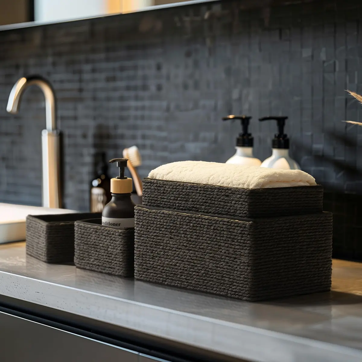 LA JOLIE MUSE Bathroom Basket Organizers, Paper Rope Storage, Black 4 Pack | Modern, Eco-Friendly Bathroom & Home Organization - view 4