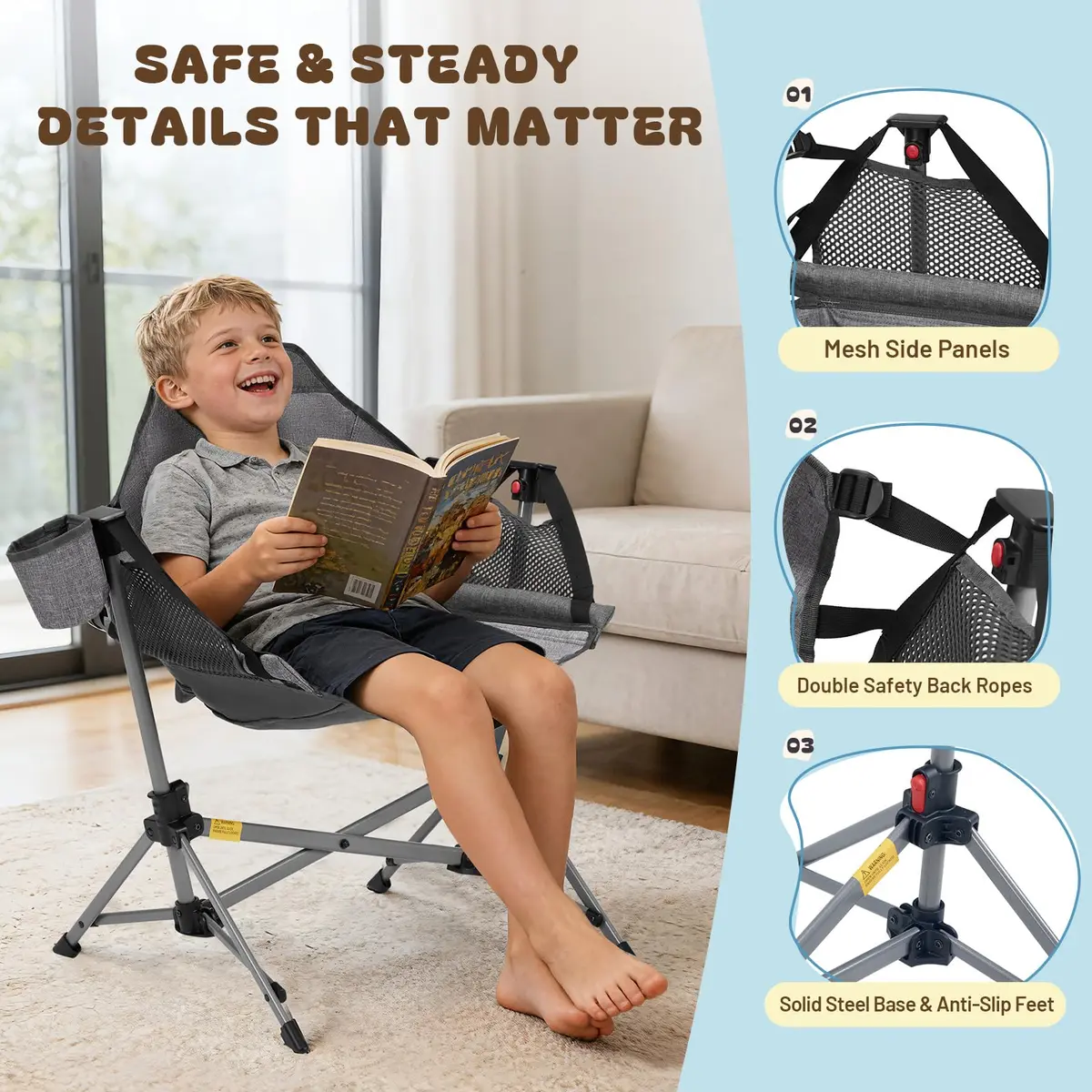 Busy Bee Kids Hammock Camping Chair with Stand, 125 lb, Gray | Portable, Adjustable & Safe for Outdoor & Indoor Use - view 5