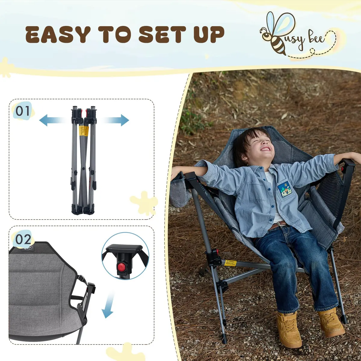 Busy Bee Kids Hammock Camping Chair with Stand, 125 lb, Gray | Portable, Adjustable & Safe for Outdoor & Indoor Use - view 7