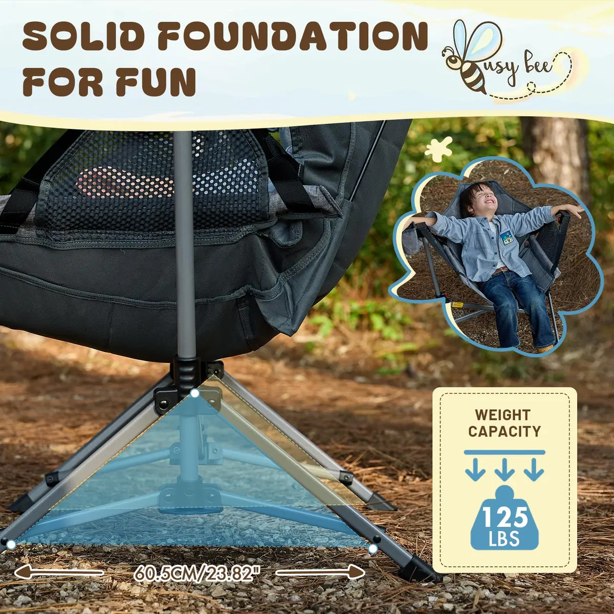 Busy Bee Kids Hammock Camping Chair with Stand, 125 lb, Gray | Portable, Adjustable & Safe for Outdoor & Indoor Use - view 2