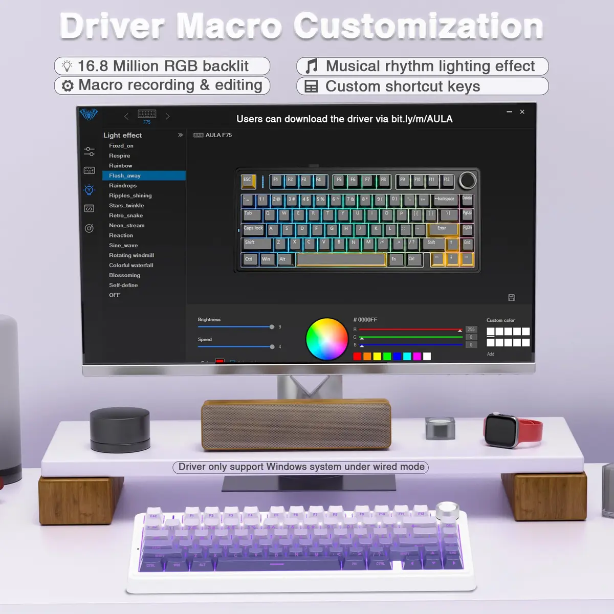 AULA F75 Pro Wireless Mechanical Keyboard,75% RGB Backlit,Custom Linear Switches,Side Printed PBT Keycaps,Gradient Purple - view 7