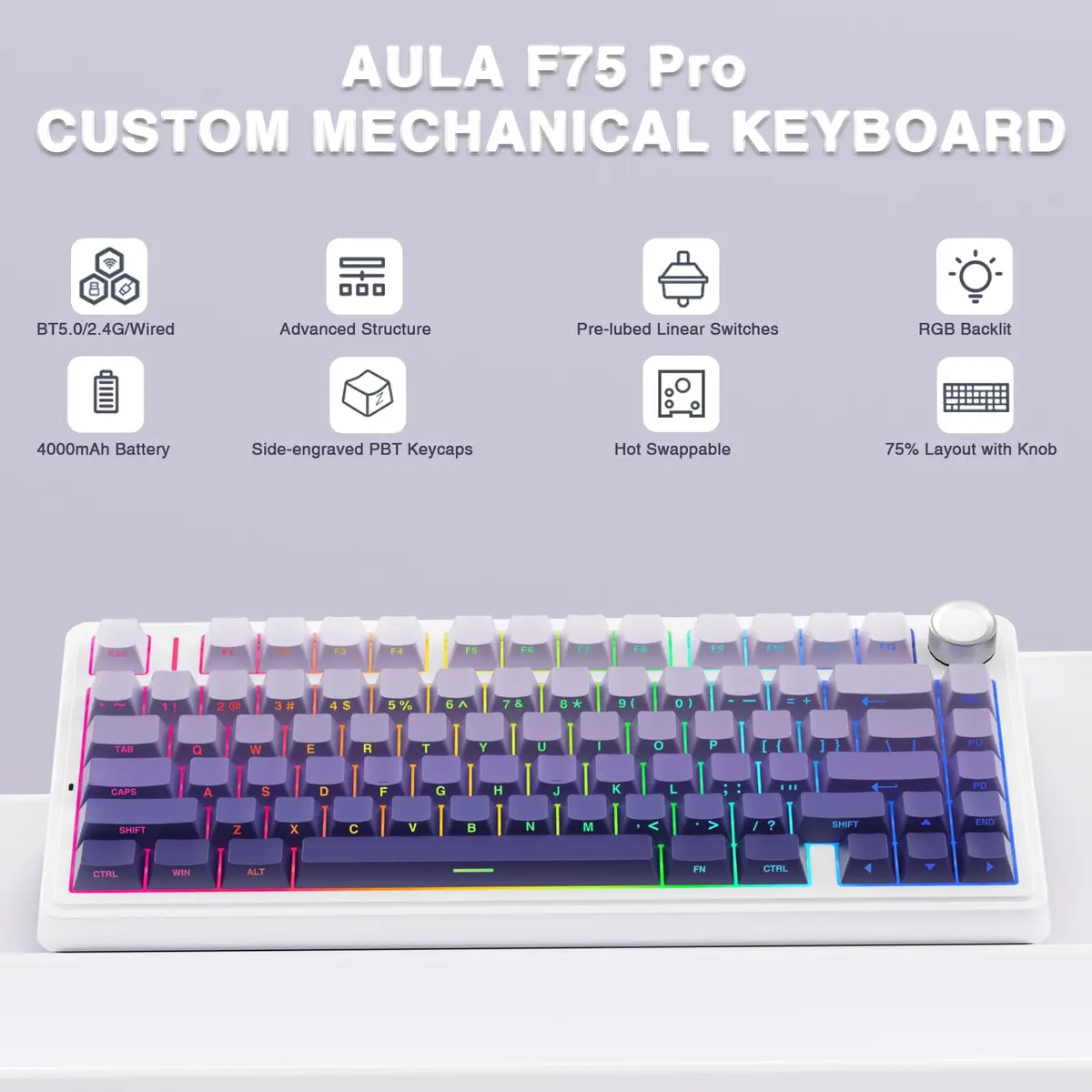AULA F75 Pro Wireless Mechanical Keyboard,75% RGB Backlit,Custom Linear Switches,Side Printed PBT Keycaps,Gradient Purple - view 2