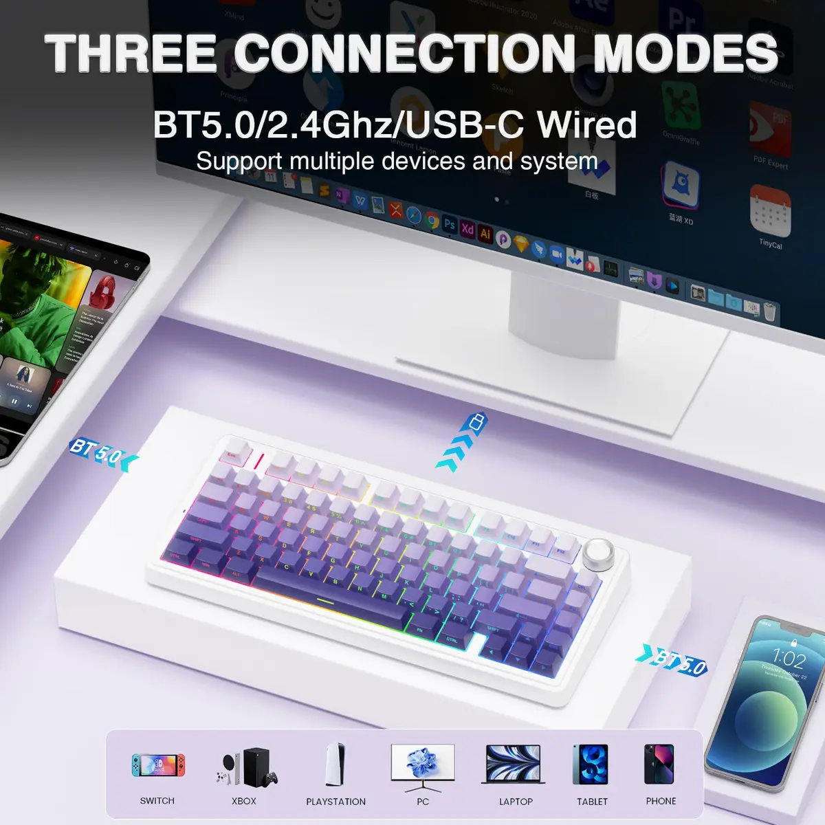 AULA F75 Pro Wireless Mechanical Keyboard,75% RGB Backlit,Custom Linear Switches,Side Printed PBT Keycaps,Gradient Purple - view 3