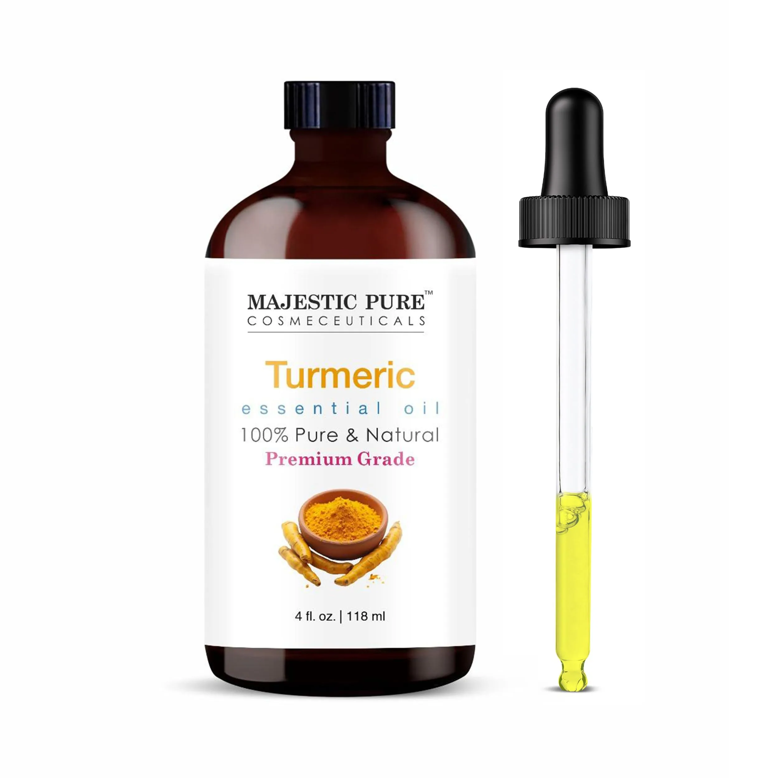 Majestic Pure Turmeric Essential Oil with Glass Dropper, 4 Fl Oz | Pure & Natural for Skin & Aromatherapy - main product image
