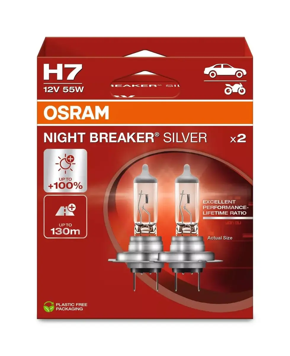 OSRAM Night Breaker Silver H7 Halogen Headlight Bulb 55W 12V 4200K White Light | Brighter Beam Up to 130m - main product image