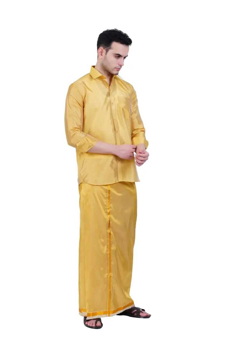 PRAKASAM COTTON Men's Art Silk Wedding Dhoti & Stitched Shirt Set DJ Gold 8 Yard (8Mulam) Dhoti + 46 Size Shirt | Traditional Indian Attire - view 2