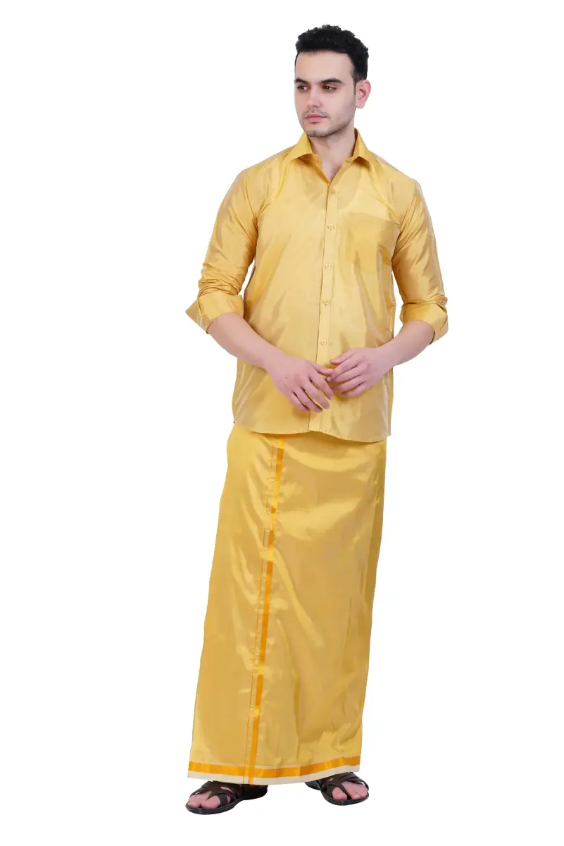 PRAKASAM COTTON Men's Art Silk Wedding Dhoti & Stitched Shirt Set DJ Gold 8 Yard (8Mulam) Dhoti + 46 Size Shirt | Traditional Indian Attire - view 4