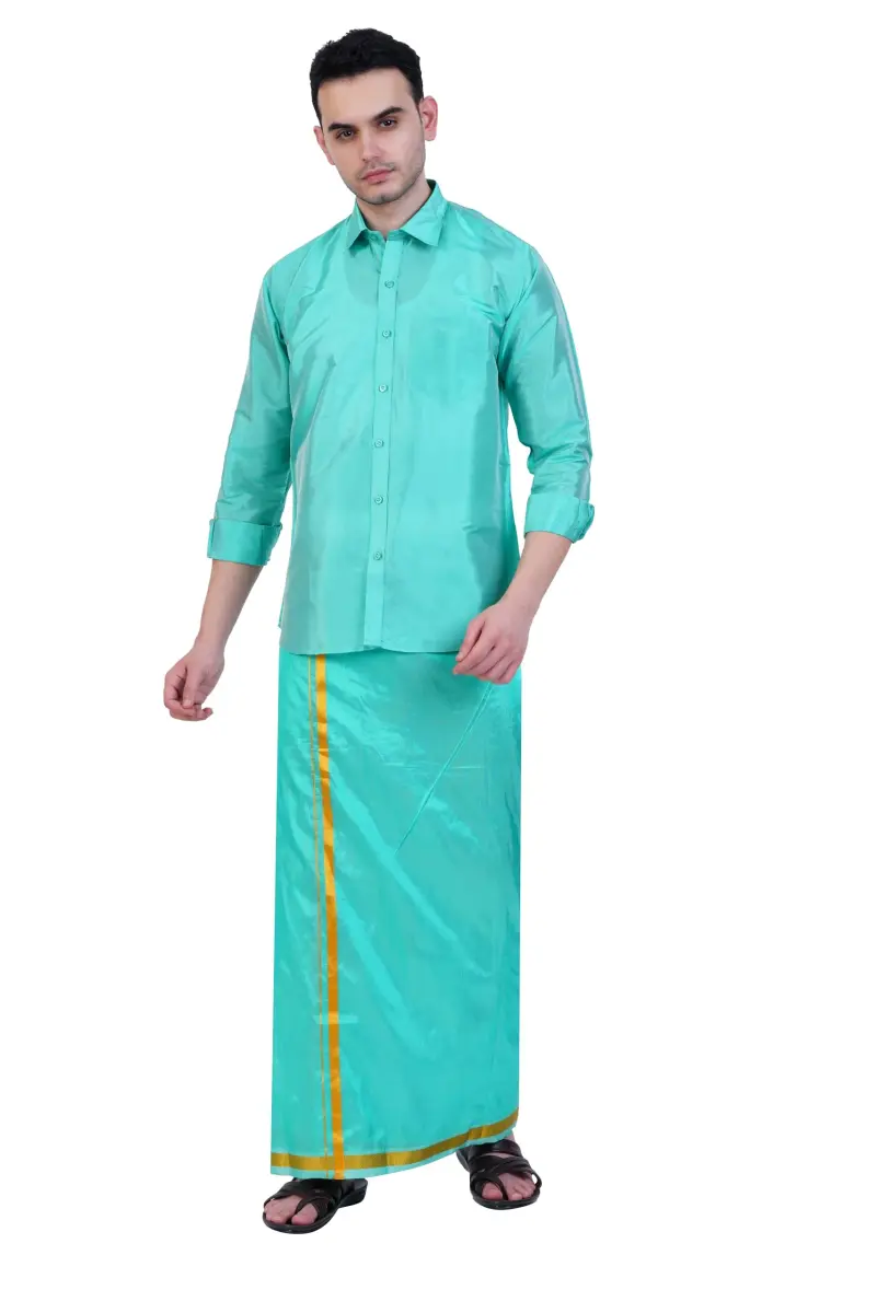 PRAKASAM COTTON Men's Art Silk Wedding Dhoti & Shirt Set (Rexona Green, 8 Yard Dhoti + 38 Size Shirt) | Traditional Indian Attire - view 2