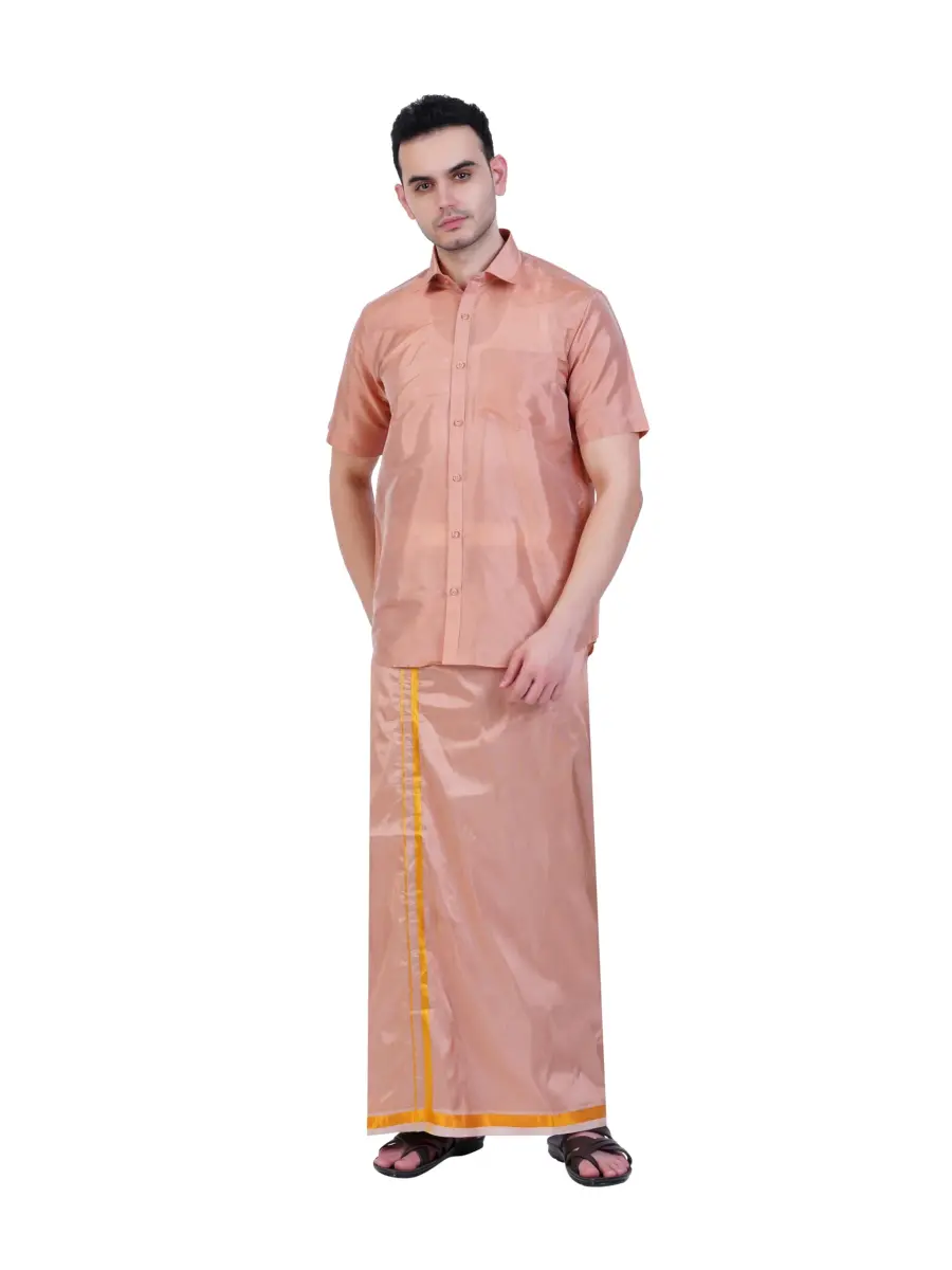 PRAKASAM COTTON Men's Art Silk Wedding Dhoti & Shirt Set 8 Yard (2.44m) Copper | Authentic Indian Festive Wear - main product image