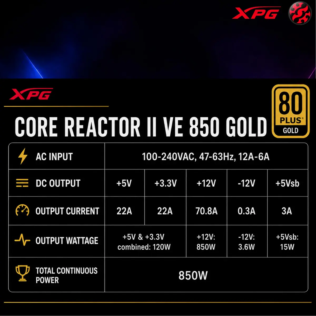 XPG CORE REACTOR II VE 850W Power Supply | 80+ Gold, ATX3.1, PCIe5.1, 600W Connector, 140mm Compact - view 5