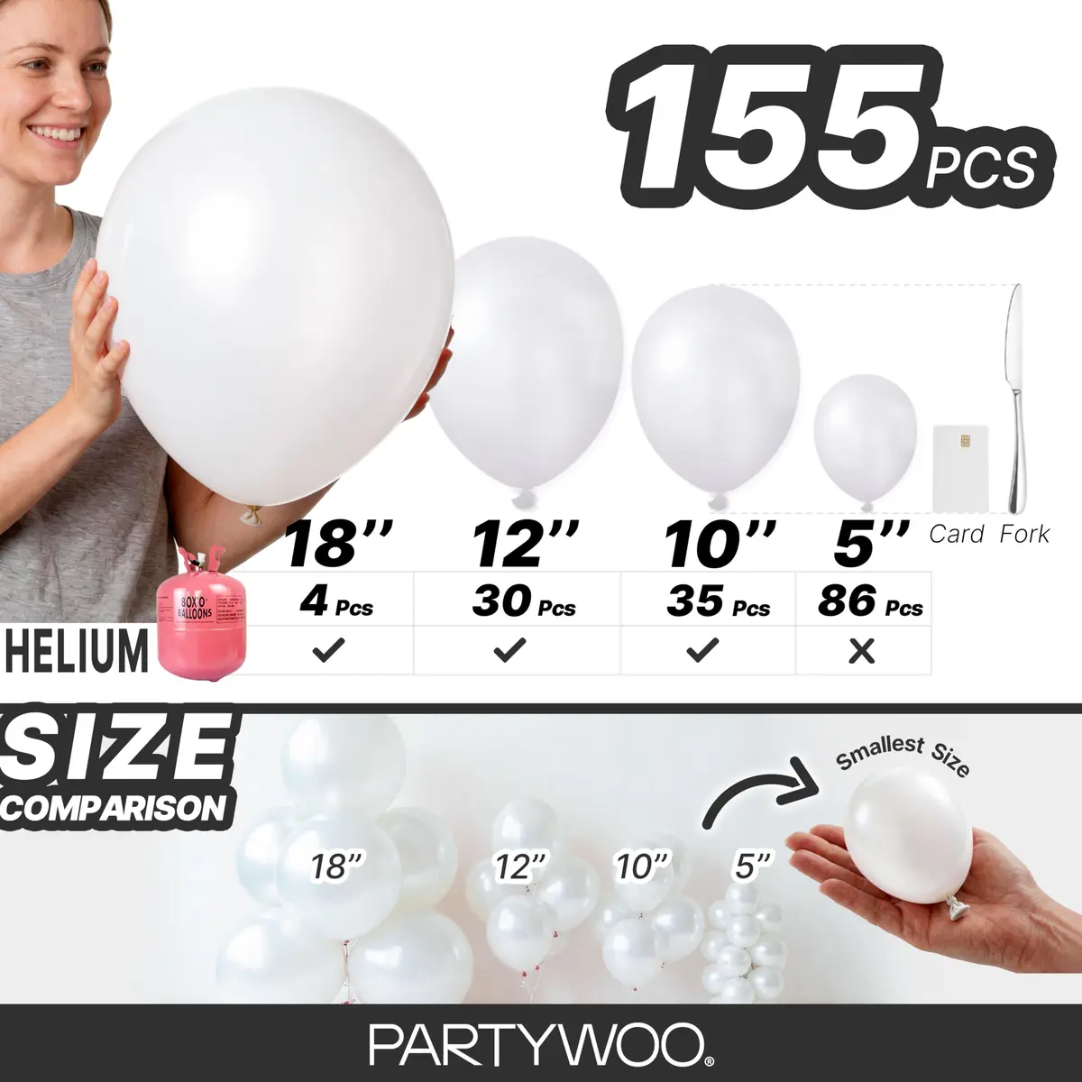 PartyWoo Pearl White Balloons 155pcs Assorted Sizes | Metallic White Color Party Balloons - view 6