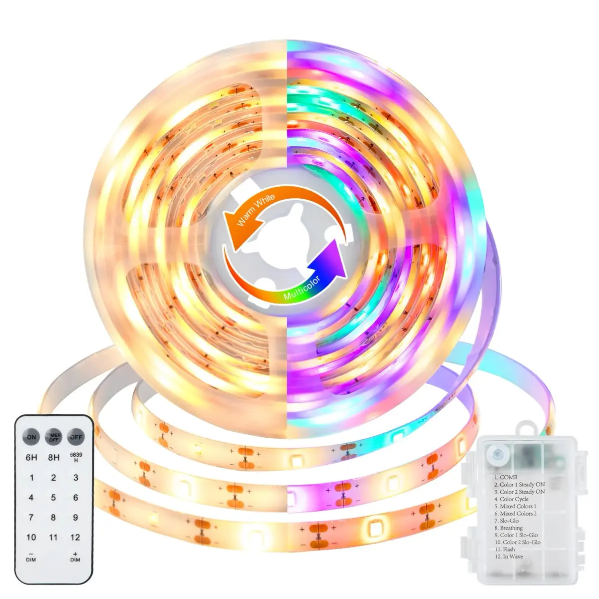 echosari LED Strip Lights 3.05m (10ft) Dual Color Changing (Warm White & Multicolor) with Remote | Battery Operated, Cuttable for Bedroom Party Decor - main product image