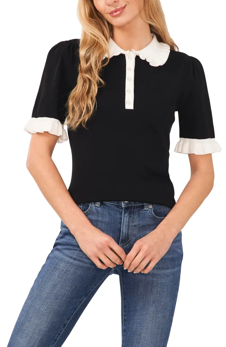 CeCe Short Sleeve Contrast Collar Polo Sweater Rich Black Medium | Breathable Cotton Knit - main product image