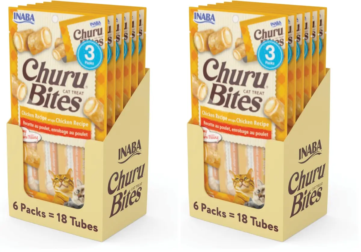 INABA Churu Bites Cat Treats, Soft Baked Chicken Churu Filled, Green Tea Extract, 36 Tubes Total | 12.6 oz (357 g) - main product image