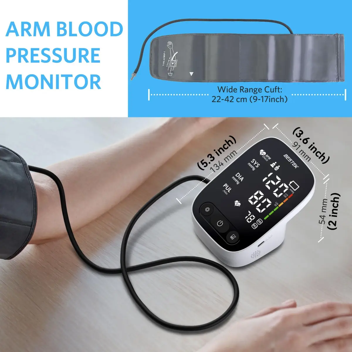BESTEK Automatic Arm Blood Pressure Monitor with Voice Broadcast & Dual User Tracking | 22-42 cm Cuff - view 7