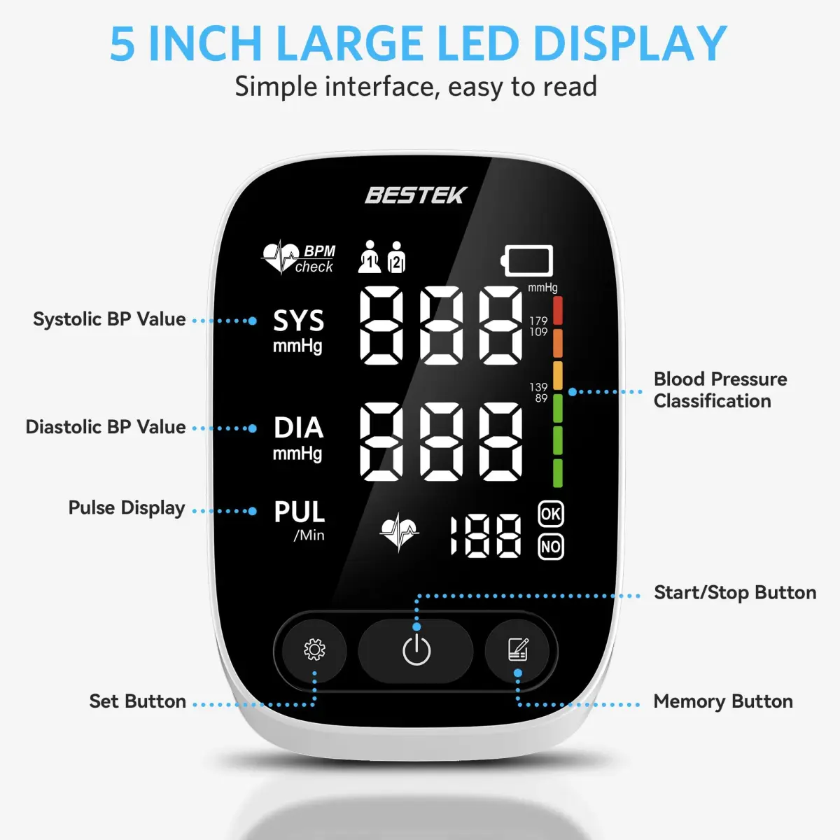 BESTEK Automatic Arm Blood Pressure Monitor with Voice Broadcast & Dual User Tracking | 22-42 cm Cuff - view 3