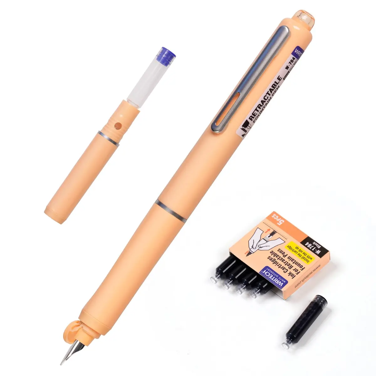 WRITECH Clictek Retractable Fountain Pen Fine Black Ink with 5 Cartridges | Smooth Ink Flow for Students & Office - main product image