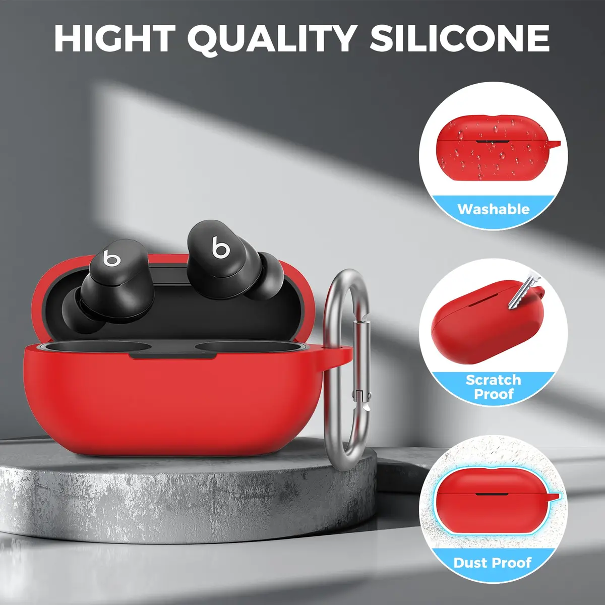 AHASTYLE Silicone Case for Beats Solo Buds (2024) | Red Protective Cover with Carabiner - view 5
