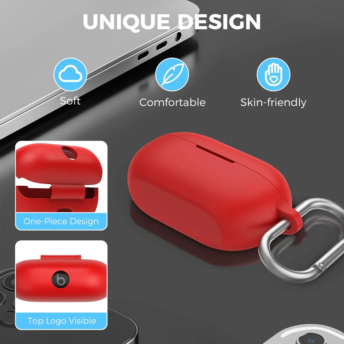 AHASTYLE Silicone Case for Beats Solo Buds (2024) | Red Protective Cover with Carabiner - view 6