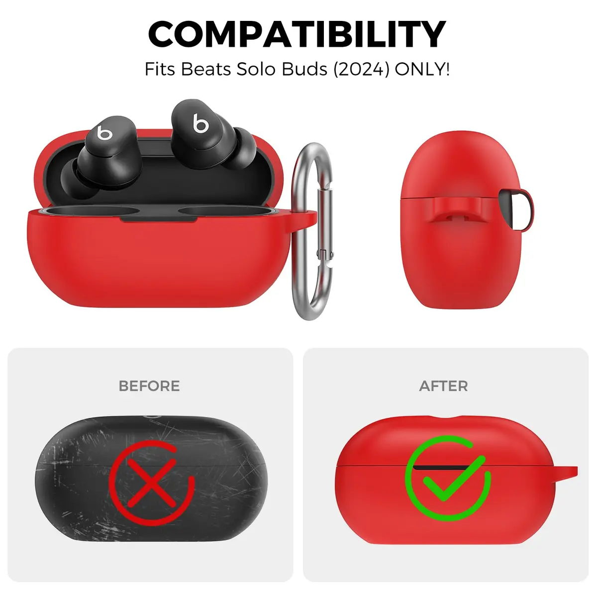 AHASTYLE Silicone Case for Beats Solo Buds (2024) | Red Protective Cover with Carabiner - view 2