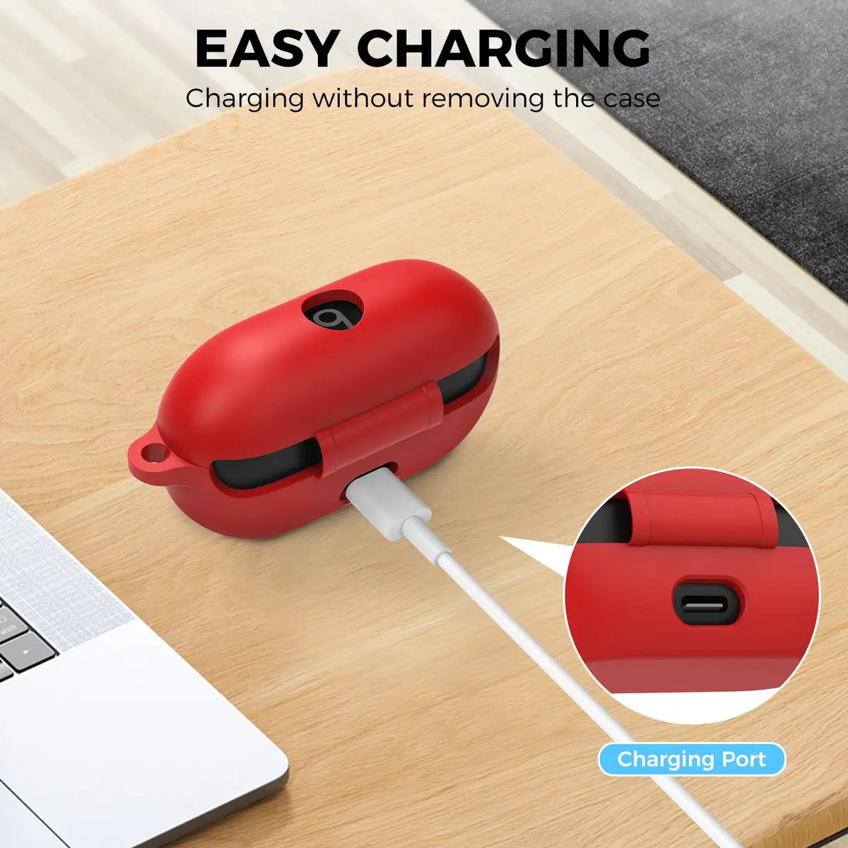 AHASTYLE Silicone Case for Beats Solo Buds (2024) | Red Protective Cover with Carabiner - view 3