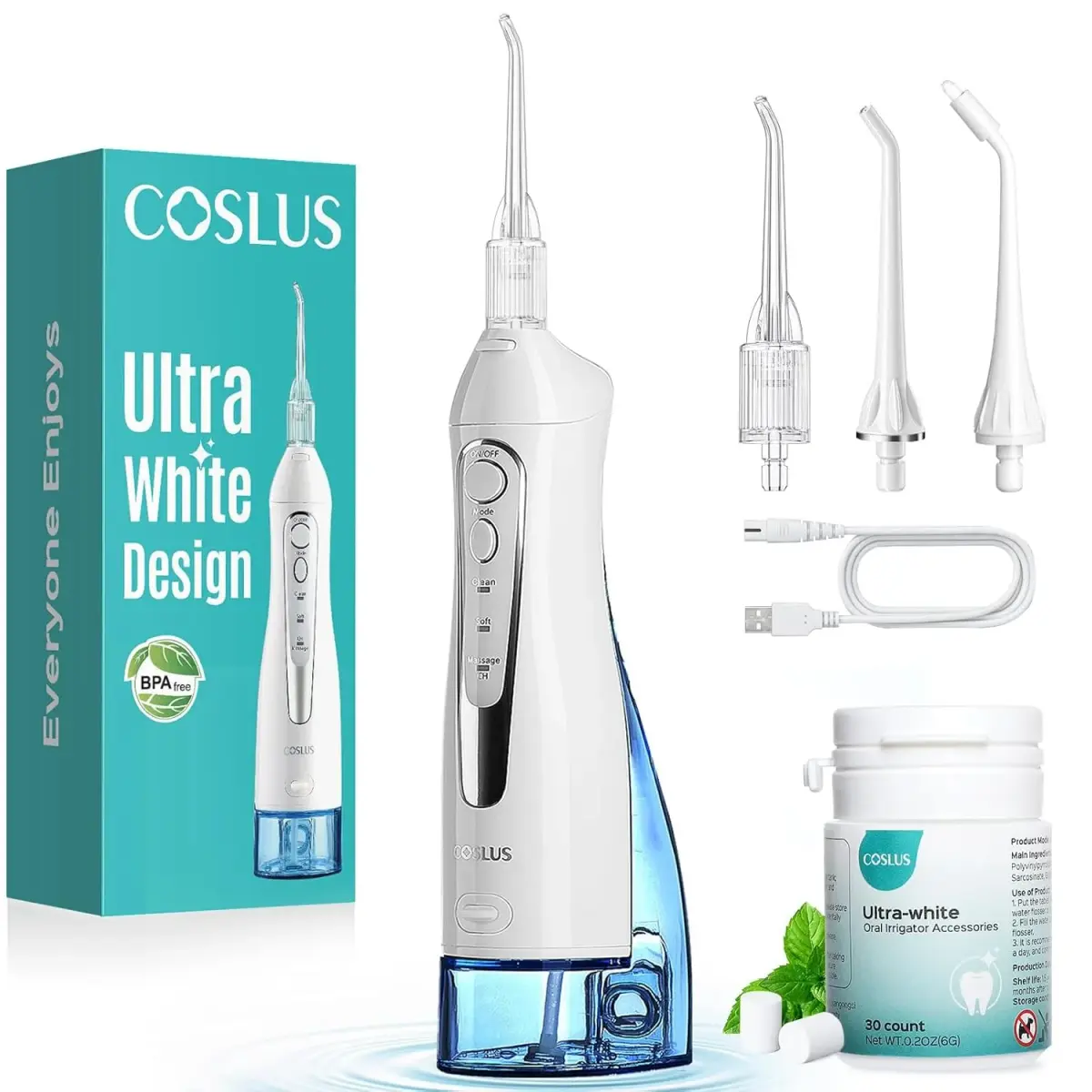 COSLUS C20 Water Dental Flosser with Whitening Kit, 300ml | ADA Accepted Oral Irrigator - main product image