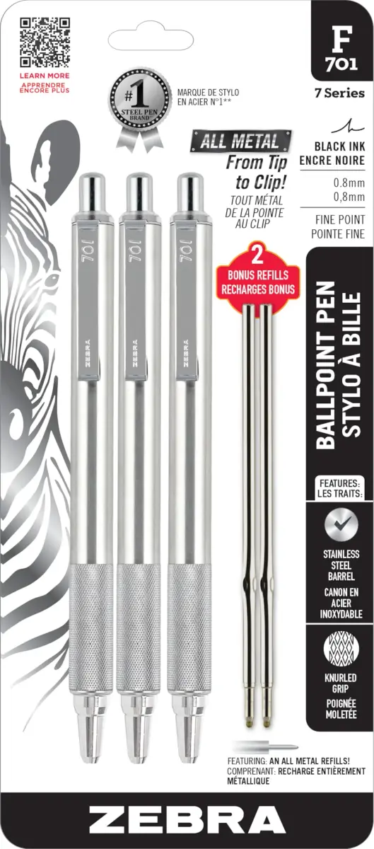 Zebra Pen STEEL F-701 Retractable Ballpoint Pen, Black Ink, 0.8mm, 3-Pack with 2 Refills | Smooth Writing for Professionals - main product image