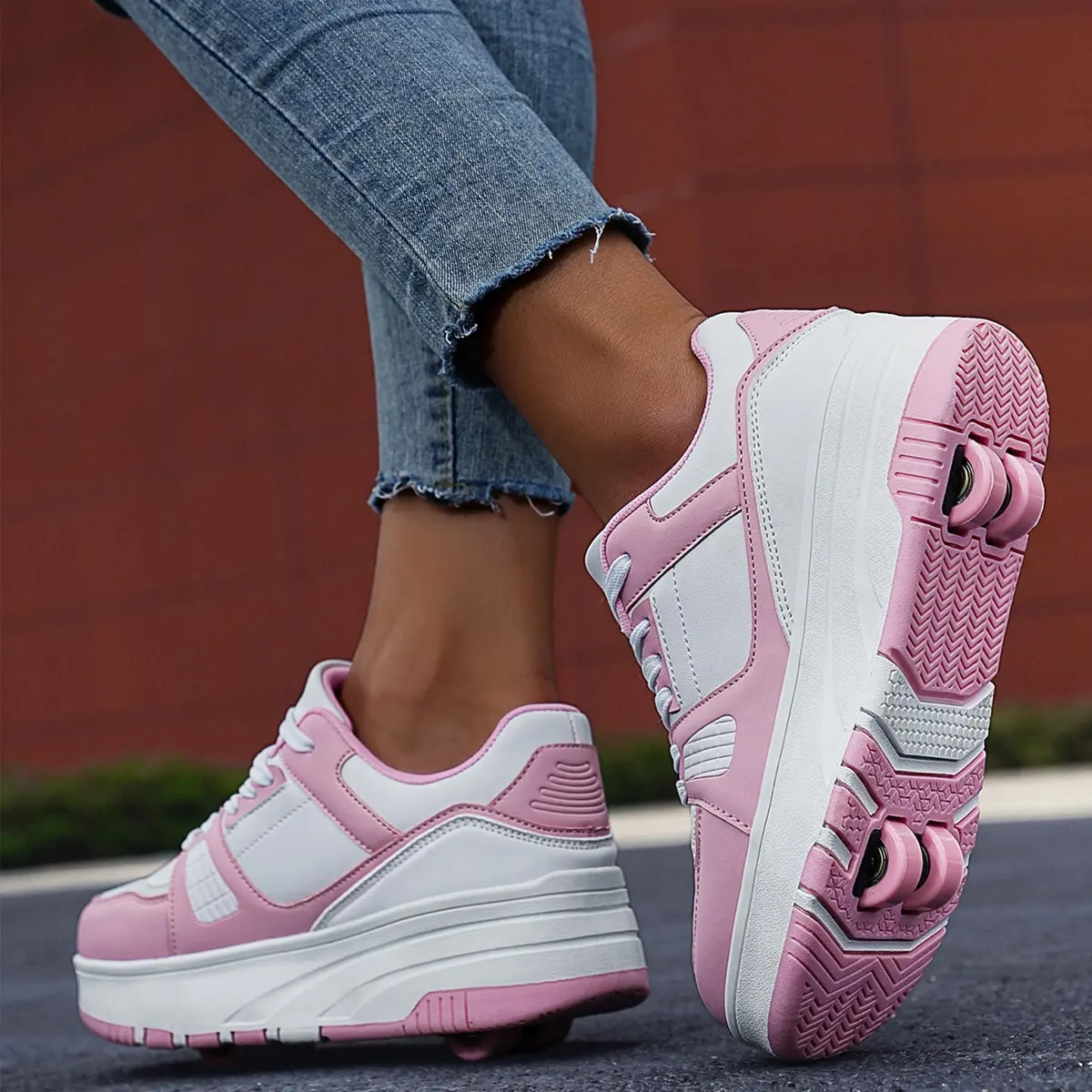 ANEFUN Kids Roller Skate Shoes Pink-White 1135 | Detachable 4-Wheel Safety Sneakers - view 3