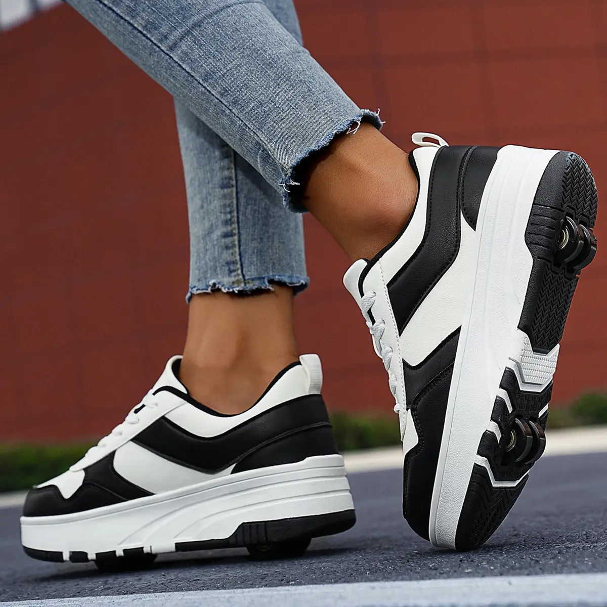 ANEFUN Detachable Roller Skate Shoes for Kids Girls Boys, Black-White 1136, Size 3 Little Kid | Multifunctional Fashion Sneakers with Wheels - view 2