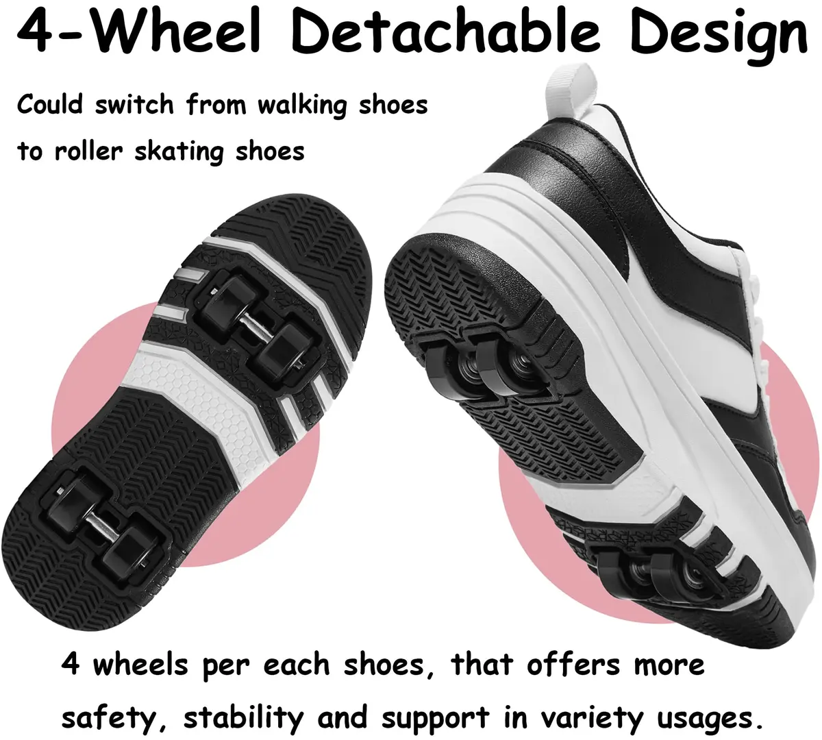 ANEFUN Detachable Roller Skate Shoes for Kids Girls Boys, Black-White 1136, Size 3 Little Kid | Multifunctional Fashion Sneakers with Wheels - view 4