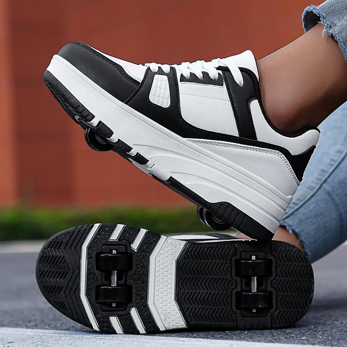ANEFUN Detachable Roller Skate Shoes for Kids Girls Boys, Black-White 1135, Big Kid 3.5 (20cm) | Multifunctional Fashion Sneakers with Wheels - view 2