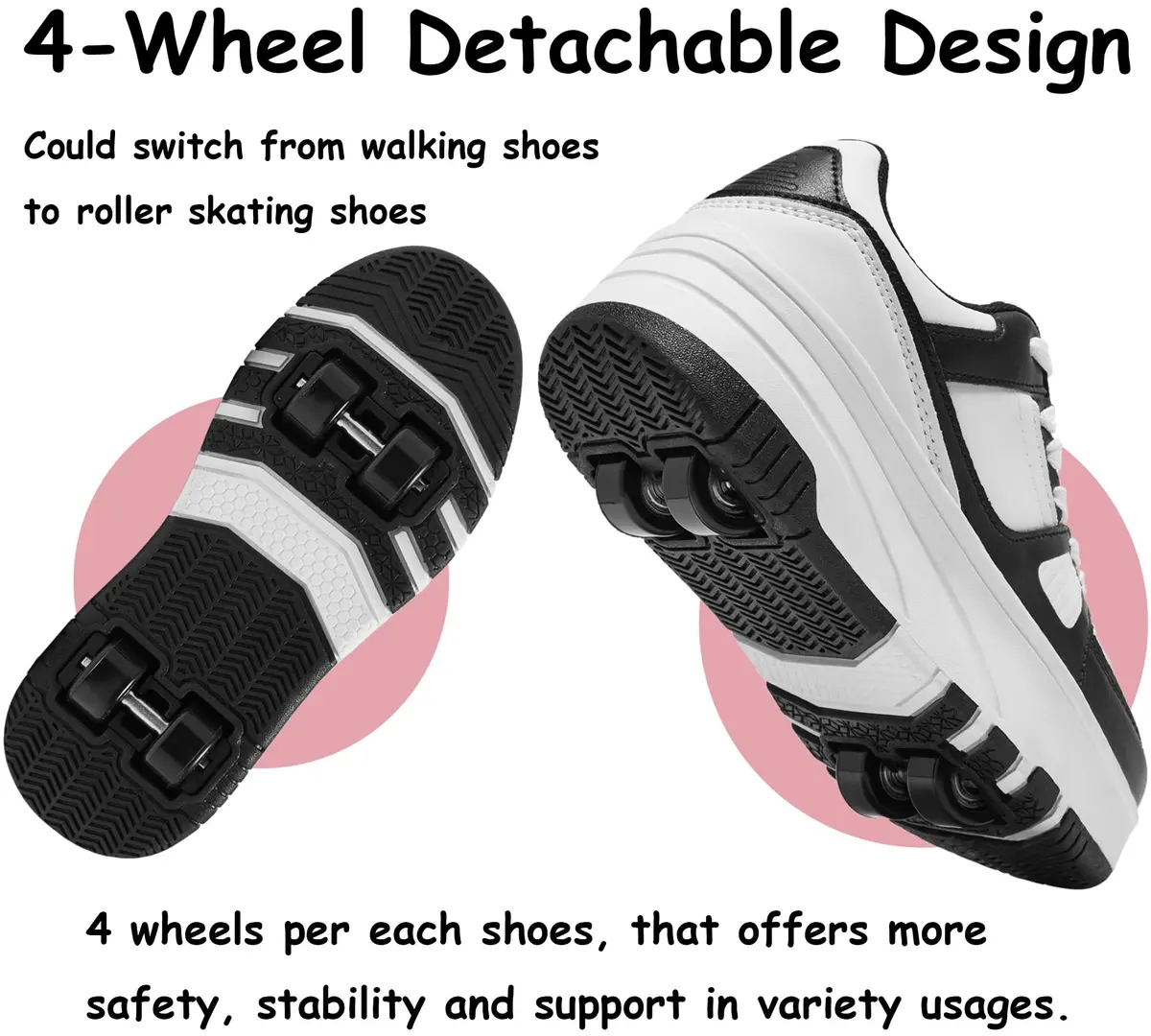 ANEFUN Detachable Roller Skate Shoes for Kids Girls Boys, Black-White 1135, Big Kid 3.5 (20cm) | Multifunctional Fashion Sneakers with Wheels - view 4