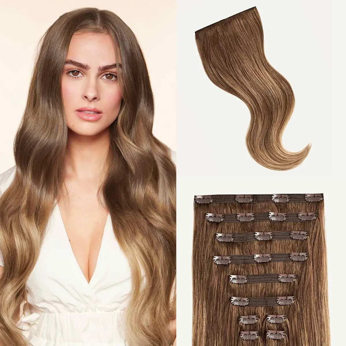 LUXY Classic Clip-In Hair Extensions Chestnut Brown Balayage | 20 Inch, 160g, Natural Blend, Remy Human Hair - main product image